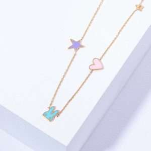 18K YELLOW GOLD NECKLACE WITH COLORED ENAMEL STAR, HEART AND BUNNY