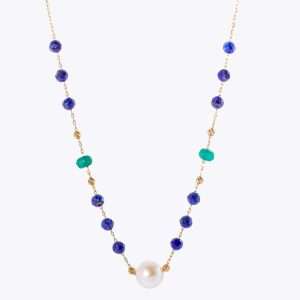 18K YELLOW GOLD NECKLACE WITH COLORED AVENTURINE AND PEARL