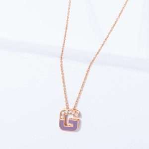 18K PINK GOLD NECKLACE WITH WHITE DIAMOND AND PURPLE ENAMEL