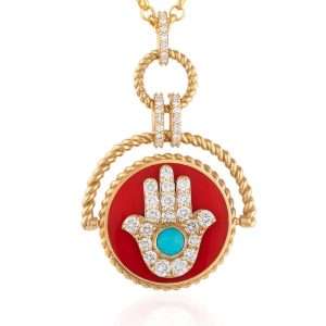 18K YELLOW GOLD STAR , FATIMA'S HAND NECKLACE WITH WHITE DIAMOND