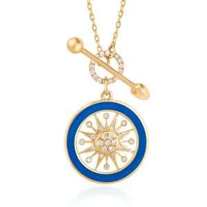 18K YELLOW GOLD NECKLACE WITH WHITE DIAMOND & TURQUOISE ENAMEL