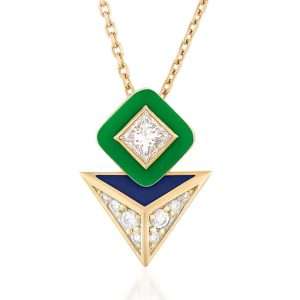 18K YELLOW GOLD NECKLACE WITH WHITE DIAMOND & BLUE AND GREEN ENAMEL