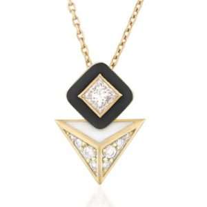 18K YELLOW GOLD NECKLACE WITH WHITE DIAMOND & WHITE AND BLACK ENAMEL