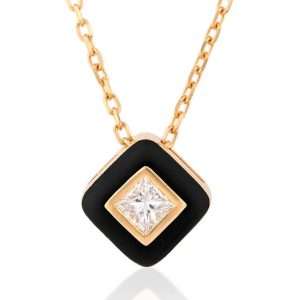 18K YELLOW GOLD NECKLACE WITH WHITE DIAMOND & BLACK ENAMEL