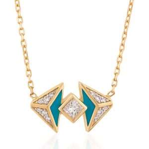 18K YELLOW GOLD NECKLACE WITH WHITE DIAMOND AND TURQUOISE