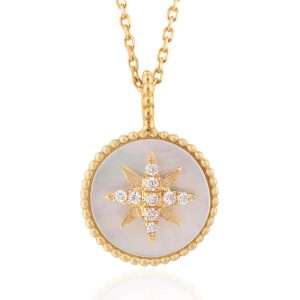 18K YELLOW GOLD NECKLACE WITH WHITE DIAMOND & MOTHER OF PEARL