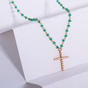 18K PINK GOLD CROSS NECKLACE WITH EMERALD AND WHITE DIAMOND