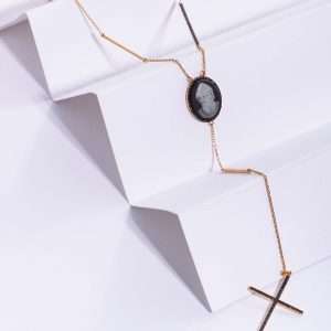 18K PINK GOLD CROSS NECKLACE WITH BLACK DIAMOND