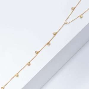 18K YELLOW GOLD LONG DANGLING DOTS NECKLACE WITH WHITE DIAMOND