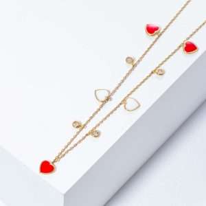 18K YELLOW GOLD HEARTS NECKLACE WITH WHITE DIAMOND AND ENAMEL