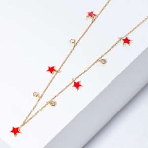 18K YELLOW GOLD STARS NECKLACE WITH WHITE DIAMOND AND ENAMEL