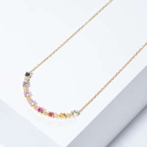 18K YELLOW GOLD BAR NECKLACE WITH WHITE DIAMOND AND SAPPHIRE