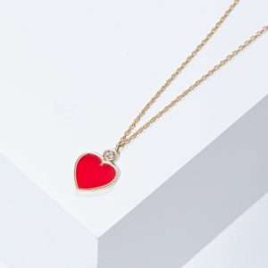 18K YELLOW GOLD ONE HEART NECKLACE WITH WHITE DIAMOND AND RED ENAMEL