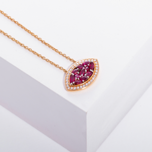 18K PINK GOLD NECKLACE EYE WITH WHITE DIAMOND AND RUBY