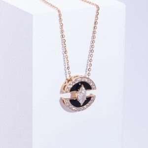 18K PINK GOLD NECKLACE WITH WHITE DIAMOND AND BLACK ENAMEL