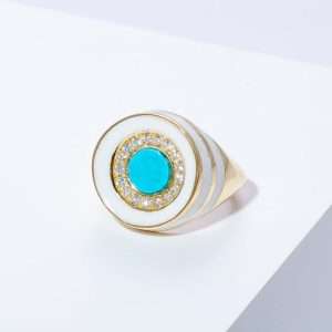 18K YELLOW GOLD RING WITH WHITE DIAMOND AND ENAMEL