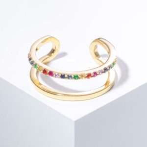 18K YELLOW GOLD TWO LINES RING WITH WHITE DIAMOND AND SAPPHIRE