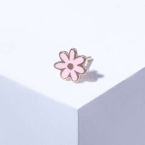 18K YELLOW GOLD SINGLE FLOWER EARRING WITH PINK ENAMEL