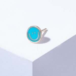 18K YELLOW GOLD SINGLE SMILE EARRING WITH BLUE ENAMEL