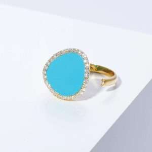 18K YELLOW GOLD OPEN RING WITH WHITE DIAMOND AND TURQUOISE