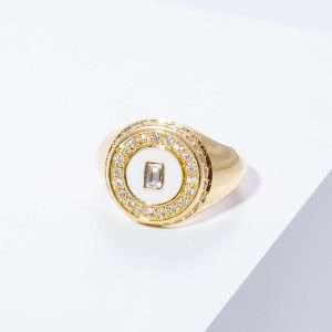 18K YELLOW GOLD RING WITH WHITE DIAMOND AND WHITE ENAMEL