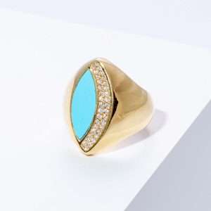 18K YELLOW GOLD RING WITH WHITE DIAMOND AND TURQUOISE