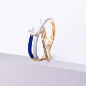 18K YELLOW GOLD RING WITH WHITE DIAMOND AND COLORED ENAMEL