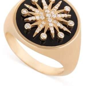 18K YELLOW GOLD RING WITH ONYX AND WHITE DIAMOND
