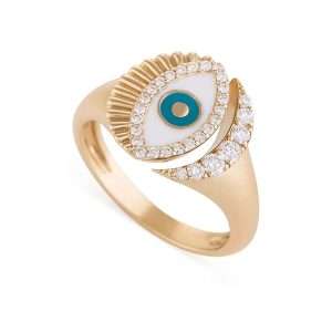 18K YELLOW GOLD EVIL EYE RING WHITE DIAMOND &GREEN &TURQUOISE ENAMEL