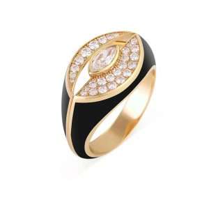 18K YELLOW GOLD RING WITH WHITE DIAMOND AND BLACK ENAMEL
