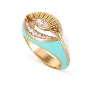 18K YELLOW GOLD RING WITH WHITE DIAMOND AND GREEN ENAMEL