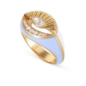 18K YELLOW GOLD RING WITH WHITE DIAMOND AND PURPLE ENAMEL