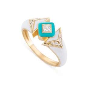 18K YELLOW GOLD RING WITH WHITE DIAMOND & WHITE AND TURQUOISE ENAMEL