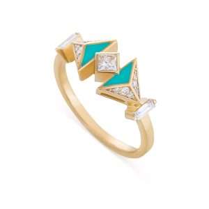 18K YELLOW GOLD RING WITH WHITE DIAMOND AND TURQUOISE ENAMEL