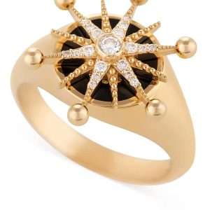 18K YELLOW RING WITH WHITE DIAMOND AND BLACK ENAMEL