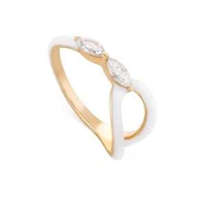 18K YELLOW GOLD RING WITH WHITE DIAMOND & WHITE ENAMEL