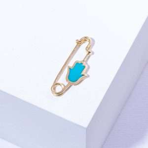 18K YELLOW GOLD FATIMA HAND PIN WITH BLUE ENAMEL