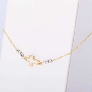 18K YELLOW GOLD BRACELET WITH HEMATITE AND WHITE ENAMEL CROSS