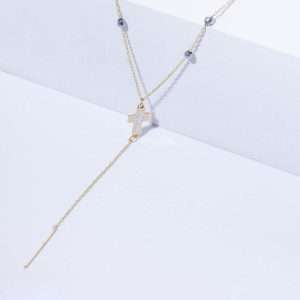 18K YELLOW GOLD CROSS NECKLACE WITH HEMATITE AND WHITE ENAMEL