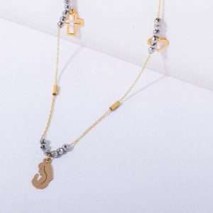18K YELLOW GOLD NECKLACE WITH VIRGIN MARY, CROSS AND HEART