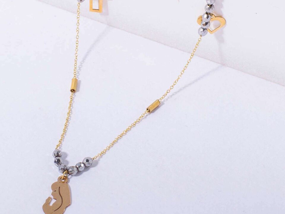 18K YELLOW GOLD NECKLACE WITH VIRGIN MARY, CROSS AND HEART