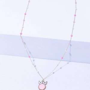 18K YELLOW GOLD OWL NECKLACE WITH PINK ENAMEL AND STONE