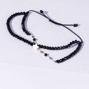 18K YELLOW GOLD CHAIN BRACELET ON CORDON WITH WHITE STONE STAR AND ONYX