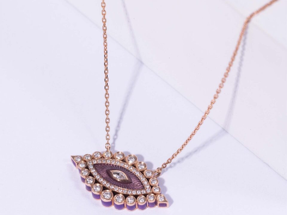 18K PINK GOLD EYE NECKLACE WITH WHITE DIAMOND AND PURPLE ENAMEL