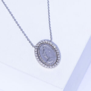18K WHITE GOLD VIRGIN MARY NECKLACE WITH WHITE DIAMOND