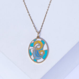18K YELLOW GOLD VIRGIN MARY NECKLACE WITH TURQUOISE ENAMEL