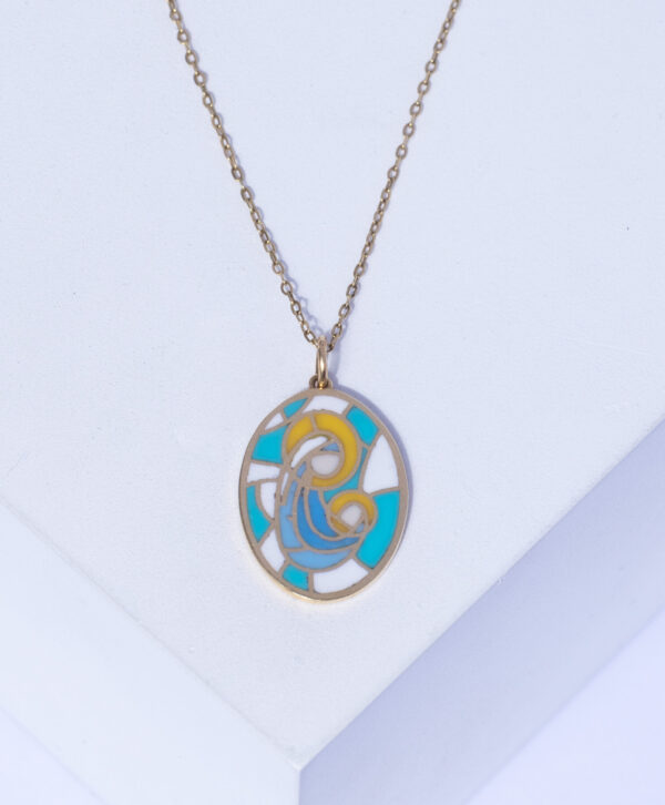 18K YELLOW GOLD VIRGIN MARY NECKLACE WITH TURQUOISE ENAMEL