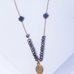 18K YELLOW GOLD VIRGIN MARY NECKLACE WITH HEMATITE STONE