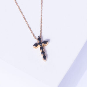 18K YELLOW GOLD CROSS NECKLACE WITH BLACK DIAMOND