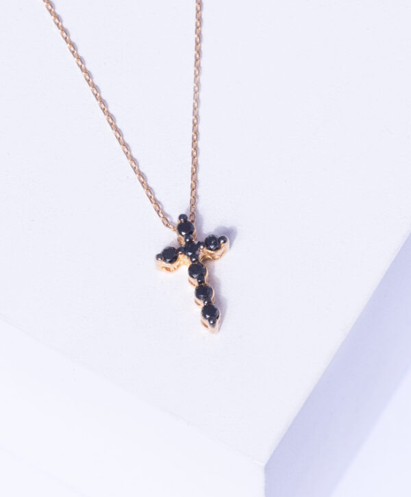 18K YELLOW GOLD CROSS NECKLACE WITH BLACK DIAMOND